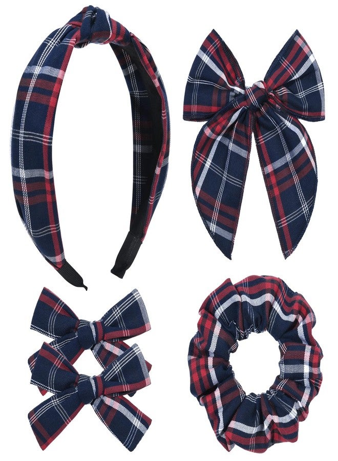 DEEKA School Uniform Plaid Hair Bows & Knotted Plaid Headband & Scrunchies Fable Hair Bow Set Alligator Clips for Toddler Girls Hair Accessories for Little School Girls (Dark Navy&Red) - Image 1