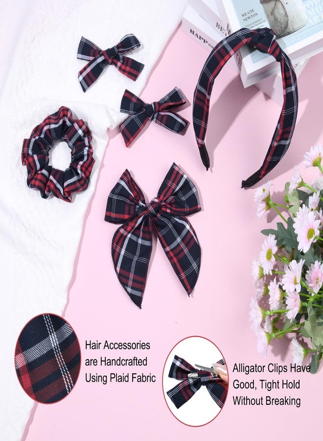 DEEKA School Uniform Plaid Hair Bows & Knotted Plaid Headband & Scrunchies Fable Hair Bow Set Alligator Clips for Toddler Girls Hair Accessories for Little School Girls (Dark Navy&Red) - Image 3