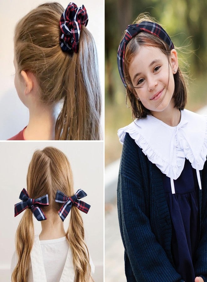 DEEKA School Uniform Plaid Hair Bows & Knotted Plaid Headband & Scrunchies Fable Hair Bow Set Alligator Clips for Toddler Girls Hair Accessories for Little School Girls (Dark Navy&Red) - Image 4