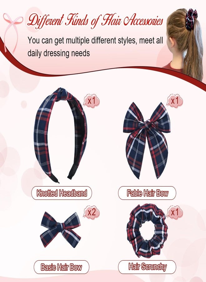 DEEKA School Uniform Plaid Hair Bows & Knotted Plaid Headband & Scrunchies Fable Hair Bow Set Alligator Clips for Toddler Girls Hair Accessories for Little School Girls (Dark Navy&Red) - Image 2