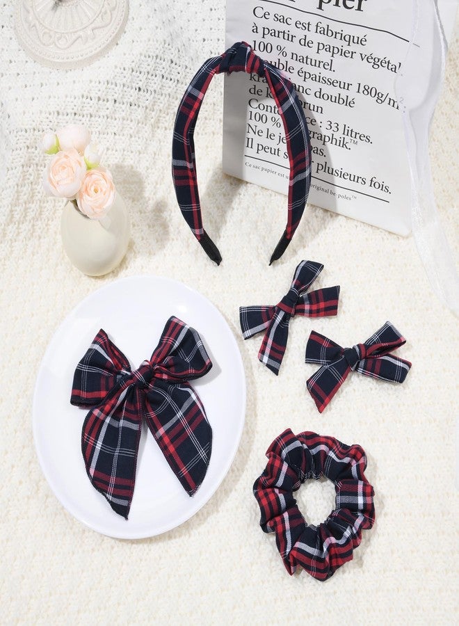 DEEKA School Uniform Plaid Hair Bows & Knotted Plaid Headband & Scrunchies Fable Hair Bow Set Alligator Clips for Toddler Girls Hair Accessories for Little School Girls (Dark Navy&Red) - Image 5