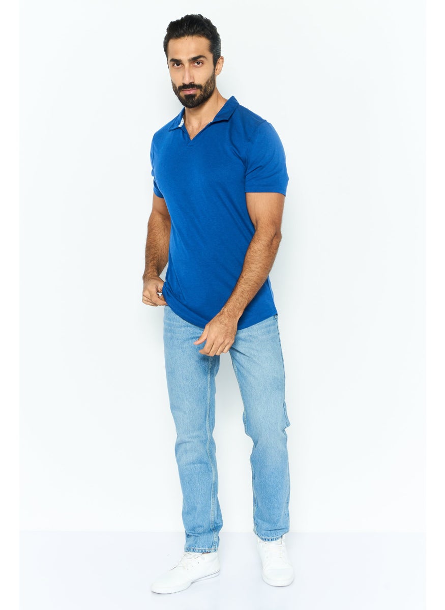 Project Essentials - Men Regular Fit Solid Short Sleeve Polo Shirt, Blue - Image 1