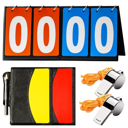 Yauhar 10Pcs Soccer Referee Kit Contain 4-Digital Portable Table Top Scoreboard Flipper, Stainless Steel Sports Whistles, Red Yellow Cards with Notebook for Football Soccer - Image 1
