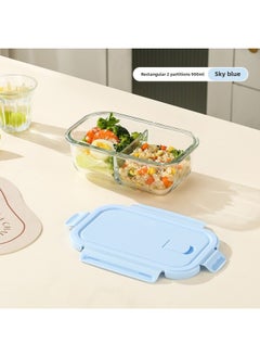 Long Glass Fresh-keeping Bowl Microwave Heatable Glass Bowl For Office Students With Meal Separated Lunch Box Lunch Box-Specifications:Rectangular 2 Partitions 900ml-sky Blue