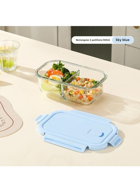 Long Glass Fresh-keeping Bowl Microwave Heatable Glass Bowl For Office Students With Meal Separated Lunch Box Lunch Box-Specifications:Rectangular 2 Partitions 900ml-sky Blue