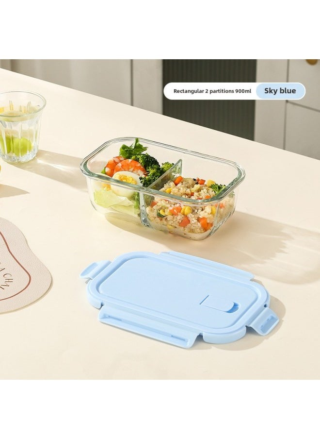 Generic - Long Glass Fresh-keeping Bowl Microwave Heatable Glass Bowl For Office Students With Meal Separated Lunch Box Lunch Box-Specifications:Rectangular 2 Partitions 900ml-sky Blue - Image 1