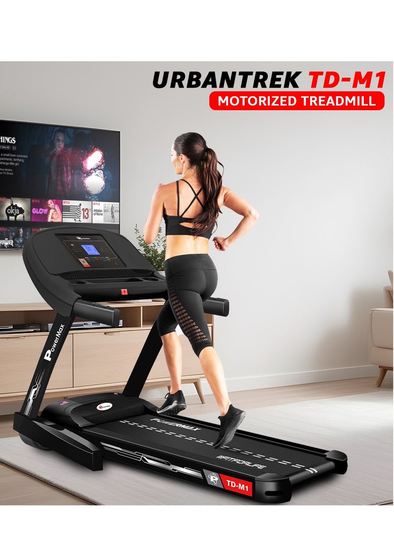 PowerMax Fitness TD-M1 (4HP Peak) Pre-installed Motorized Foldable Treadmill for Home Use | Manual-Incline Treadmill | Semi-Auto Lubrication | Multifunction Console LCD Display, BT, Speaker, MP3, AUX - Image 4