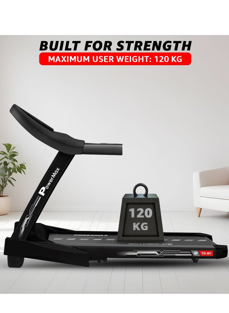 PowerMax Fitness TD-M1 (4HP Peak) Pre-installed Motorized Foldable Treadmill for Home Use | Manual-Incline Treadmill | Semi-Auto Lubrication | Multifunction Console LCD Display, BT, Speaker, MP3, AUX - Image 3