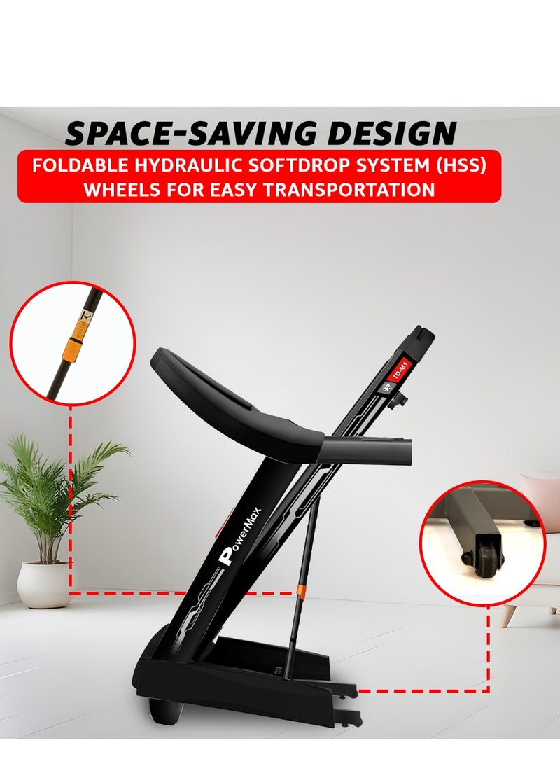 PowerMax Fitness TD-M1 (4HP Peak) Pre-installed Motorized Foldable Treadmill for Home Use | Manual-Incline Treadmill | Semi-Auto Lubrication | Multifunction Console LCD Display, BT, Speaker, MP3, AUX - Image 5