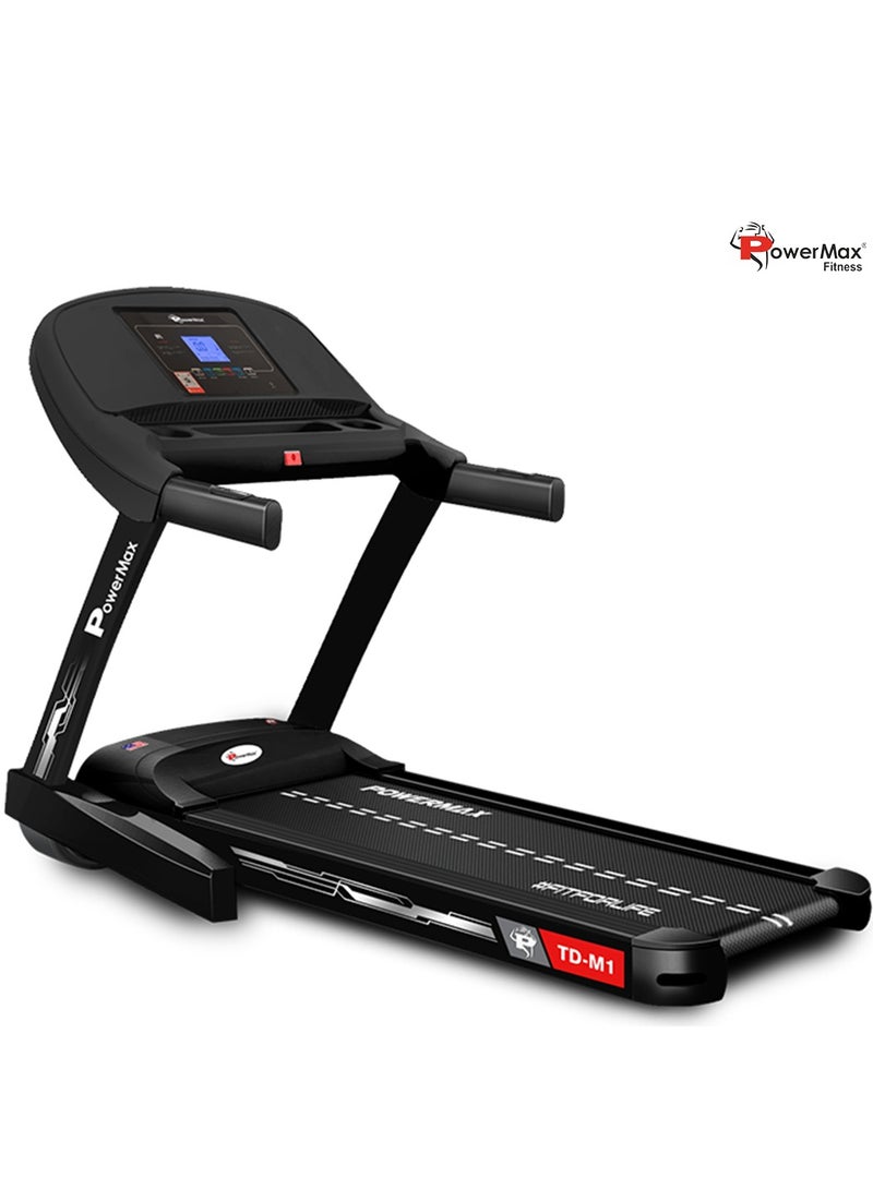PowerMax Fitness TD-M1 (4HP Peak) Pre-installed Motorized Foldable Treadmill for Home Use | Manual-Incline Treadmill | Semi-Auto Lubrication | Multifunction Console LCD Display, BT, Speaker, MP3, AUX - Image 1