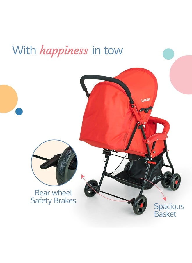 Luvlap Apollo Stroller with Multi-Position Recline, Lightweight, 3-Point Safety Harness, Rear Wheel Brakes, Swivel Front Wheels, Storage Basket, Weight Capacity 15Kgs, Red - Image 4