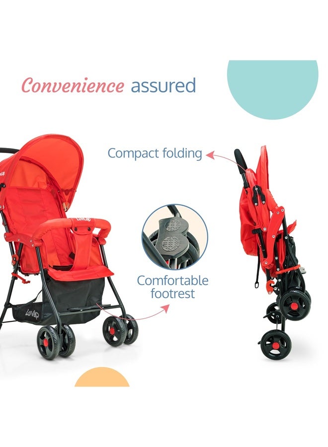Luvlap Apollo Stroller with Multi-Position Recline, Lightweight, 3-Point Safety Harness, Rear Wheel Brakes, Swivel Front Wheels, Storage Basket, Weight Capacity 15Kgs, Red - Image 5