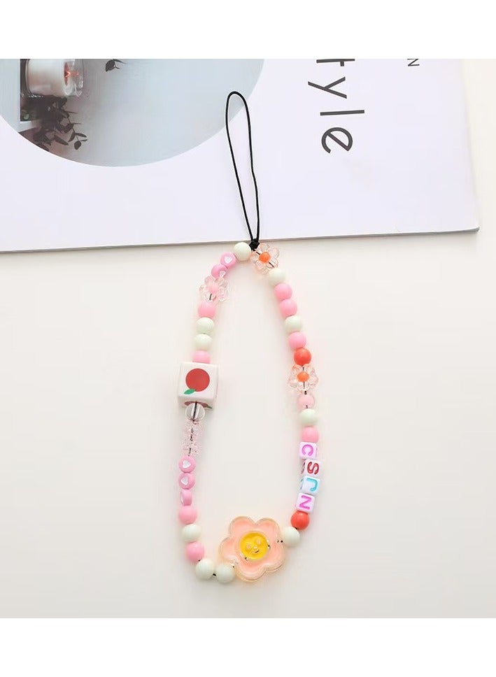 Sparkle Accessories Lanyard, Cute Pink and White Beaded Phone Strap, Fashionable Lanyard with Floral and Fruit Charms, Decorative Beads, and Customizable Letters, Ideal for Personalizing Your Smartphone, Camera, and Water Bottles. Good Gift for Women 