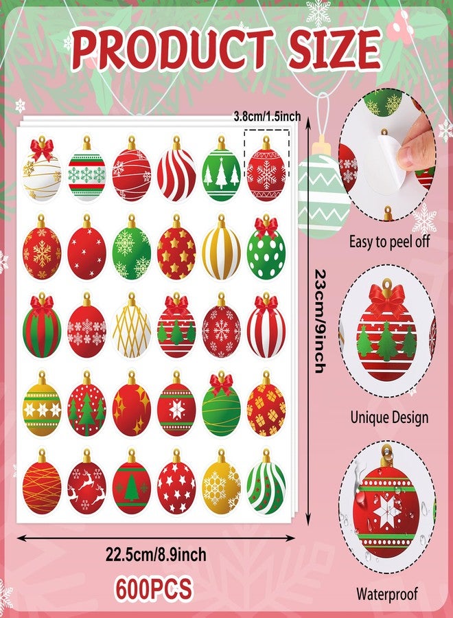 JarThenaAMCS 600Pcs Christmas Ornament Sticker Xmas Ball Paper Decals 30 Designs Winter Self-Adhesive Decoration Stickers for Envelopes Seal Scrapbook Gift DIY Supplies, 1.5 in - Image 2