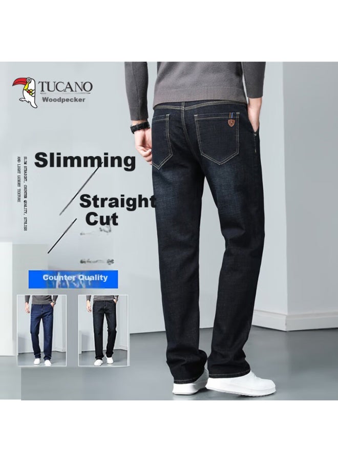Wood Men's Jeans Spring Business Casual Straight Fit Versatile Black 32
