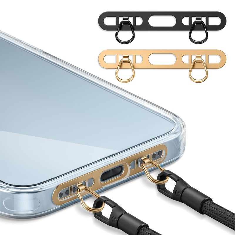 saxsion Phone Lanyard Tab, 2-Ring Metal Tether Tab for iPhone - Ultra-Thin Stainless Steel Cell Phone Lanyard Patch, No Block Charging Port, Anti-Loss Strap Attachment (Champagne Gold+black) - Image 1