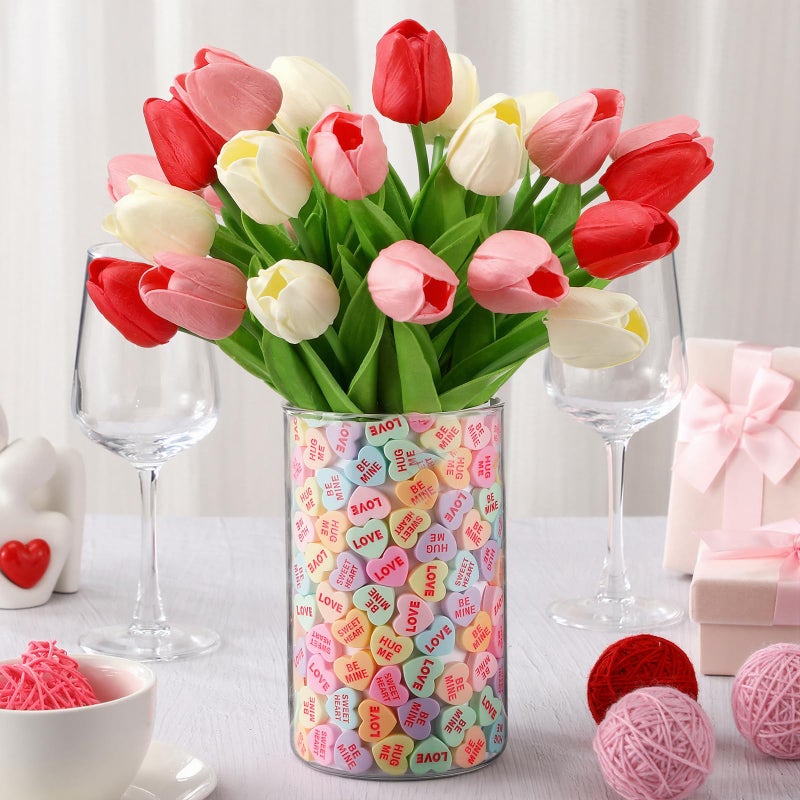 RattanView 224 Pcs Valentines Party Decoration Includes 200 Conversation Hearts Resin Vase Filler 24 Artificial Tulip Pastel Candy Heart Ornament for Table Centerpiece Wedding Valentines Party Decor - Image 1