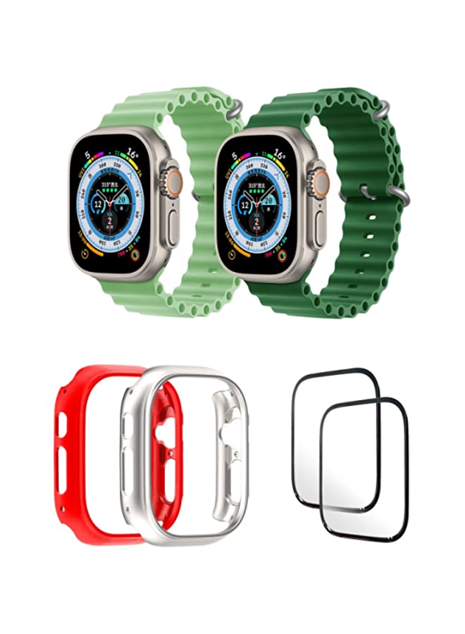 IAF Silicone Ocean Band Strap for Apple Watch Ultra 8 49mm Mint Green/Green , Case Compatible with Apple Watch Ultra 49mm Red/Transparent , 2* pcs Watch glass Set of 6