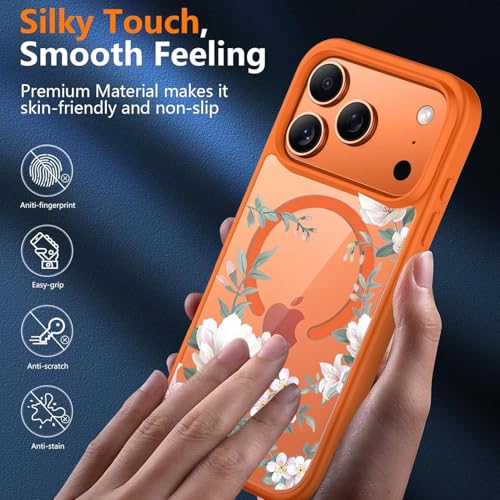 VONZEE Back Cover Case Compatible with iPhone 17 Pro Max, Luxury Retro Flowers Floral Clear for Magnetic Wireless Charging Case Shockproof PC+TPU Cute Glossy Shiny Cover for Girls|6.9''|Cosmic Orange - Image 5