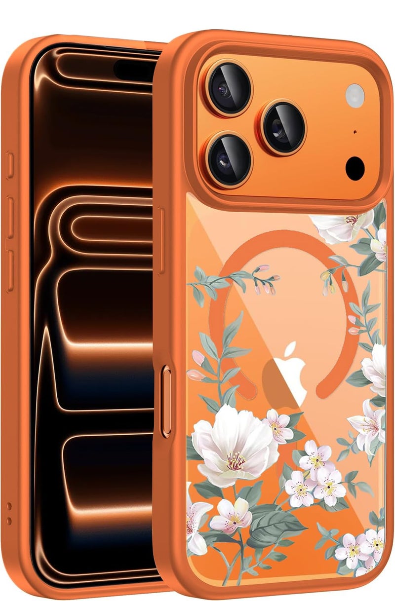 VONZEE Back Cover Case Compatible with iPhone 17 Pro Max, Luxury Retro Flowers Floral Clear for Magnetic Wireless Charging Case Shockproof PC+TPU Cute Glossy Shiny Cover for Girls|6.9''|Cosmic Orange - Image 1
