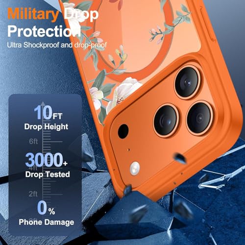 VONZEE Back Cover Case Compatible with iPhone 17 Pro Max, Luxury Retro Flowers Floral Clear for Magnetic Wireless Charging Case Shockproof PC+TPU Cute Glossy Shiny Cover for Girls|6.9''|Cosmic Orange - Image 4
