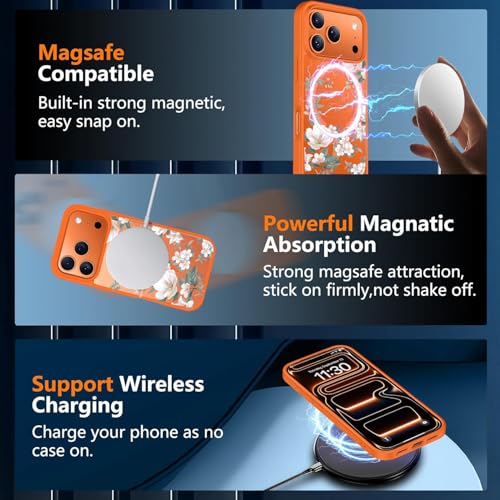 VONZEE Back Cover Case Compatible with iPhone 17 Pro Max, Luxury Retro Flowers Floral Clear for Magnetic Wireless Charging Case Shockproof PC+TPU Cute Glossy Shiny Cover for Girls|6.9''|Cosmic Orange - Image 3