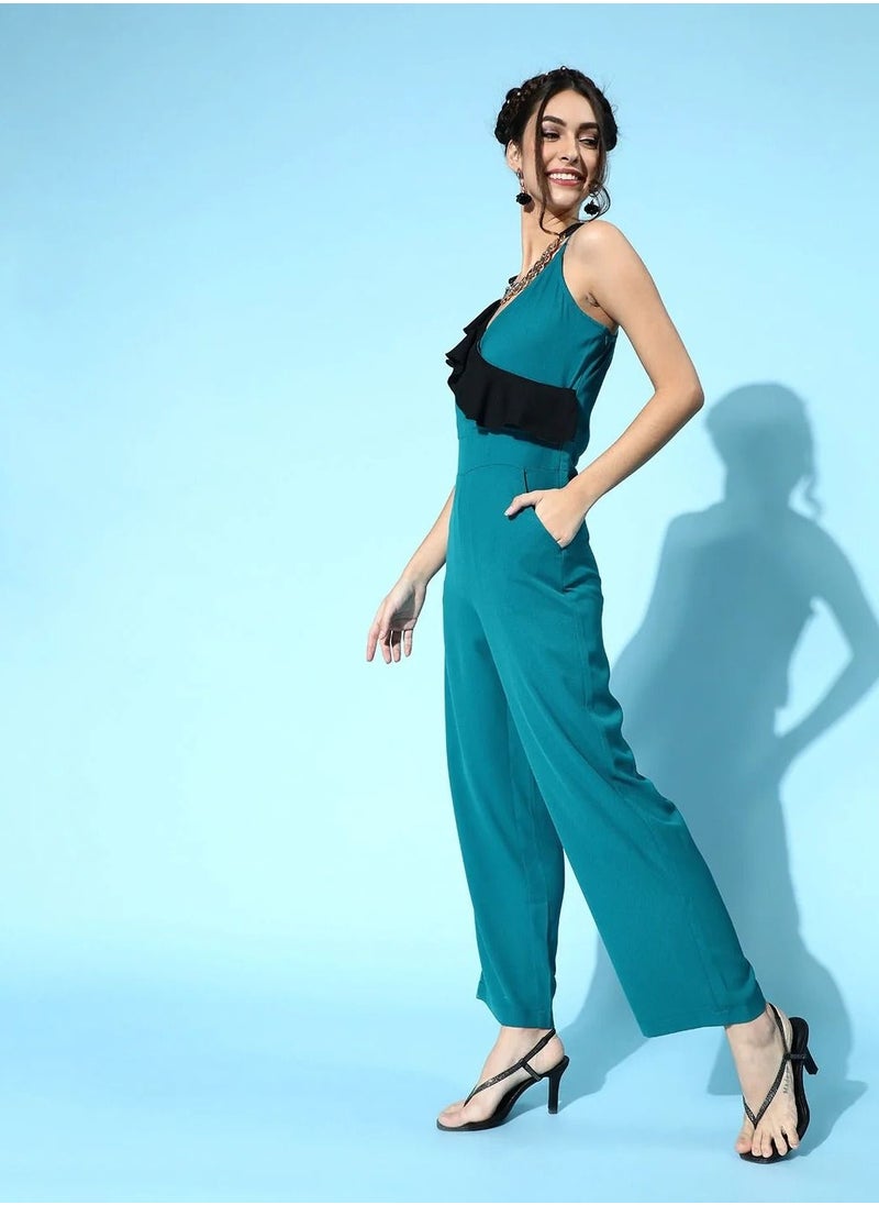 SASSAFRAS TEAL CONTRAST FRILL JUMPSUIT  - Image 3