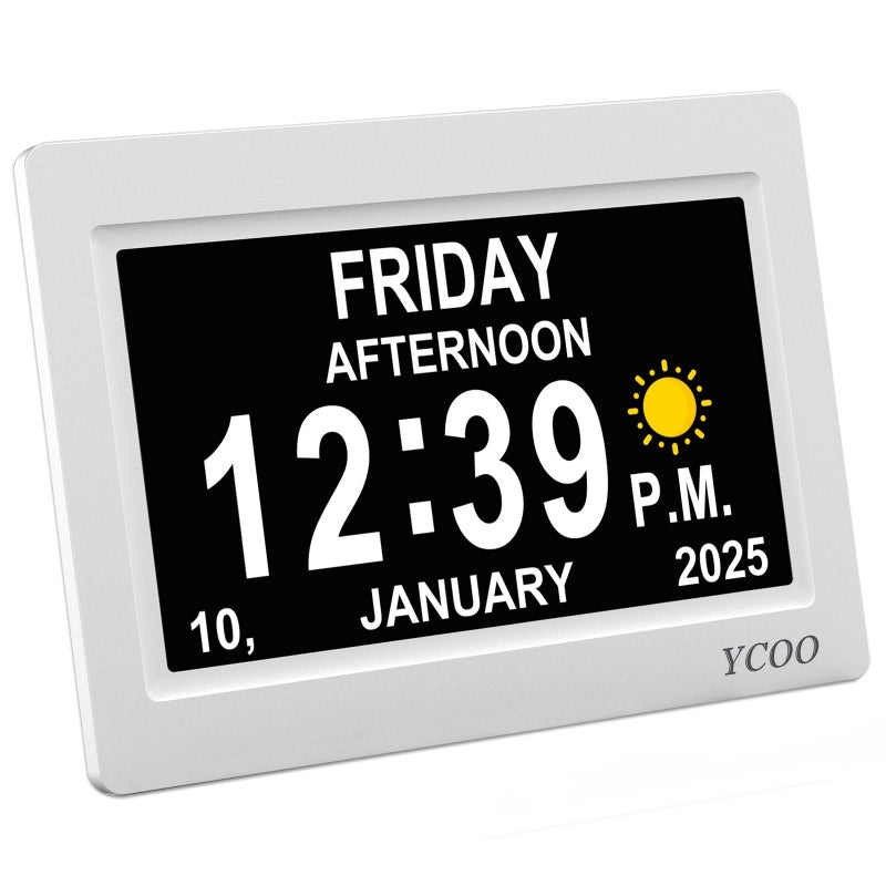 YCOO Dementia Clock Day Date Digital Clock with SunMoon Icons Large Clear Digital Display Auto DST 7 Display Modes Wired Power Supply Clocks 7 Inch White