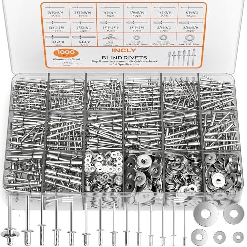 INCLY 1000PCS Aluminum Pop Rivets Assortment Kit, 14 Sizes Pop Rivets (3/32" 1/8" 5/32" 3/16" 1/4") with 5 Size 304 Stainless Steel Backup Washers, Assorted Blind Rivets for Metal with Storage Case - Image 1