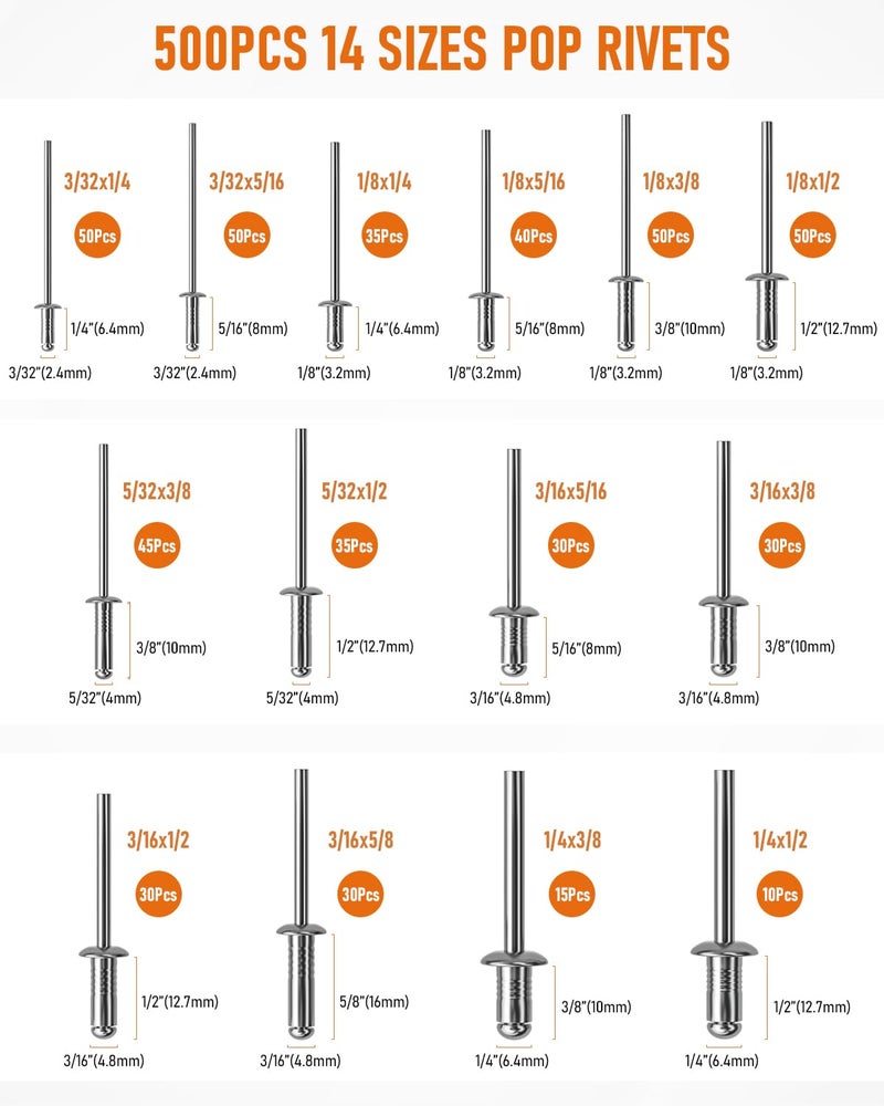 INCLY 1000PCS Aluminum Pop Rivets Assortment Kit, 14 Sizes Pop Rivets (3/32" 1/8" 5/32" 3/16" 1/4") with 5 Size 304 Stainless Steel Backup Washers, Assorted Blind Rivets for Metal with Storage Case - Image 2