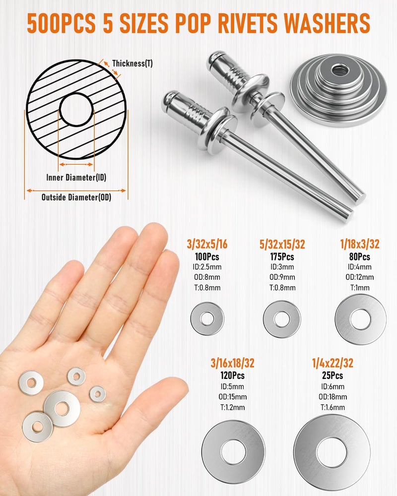INCLY 1000PCS Aluminum Pop Rivets Assortment Kit, 14 Sizes Pop Rivets (3/32" 1/8" 5/32" 3/16" 1/4") with 5 Size 304 Stainless Steel Backup Washers, Assorted Blind Rivets for Metal with Storage Case - Image 3