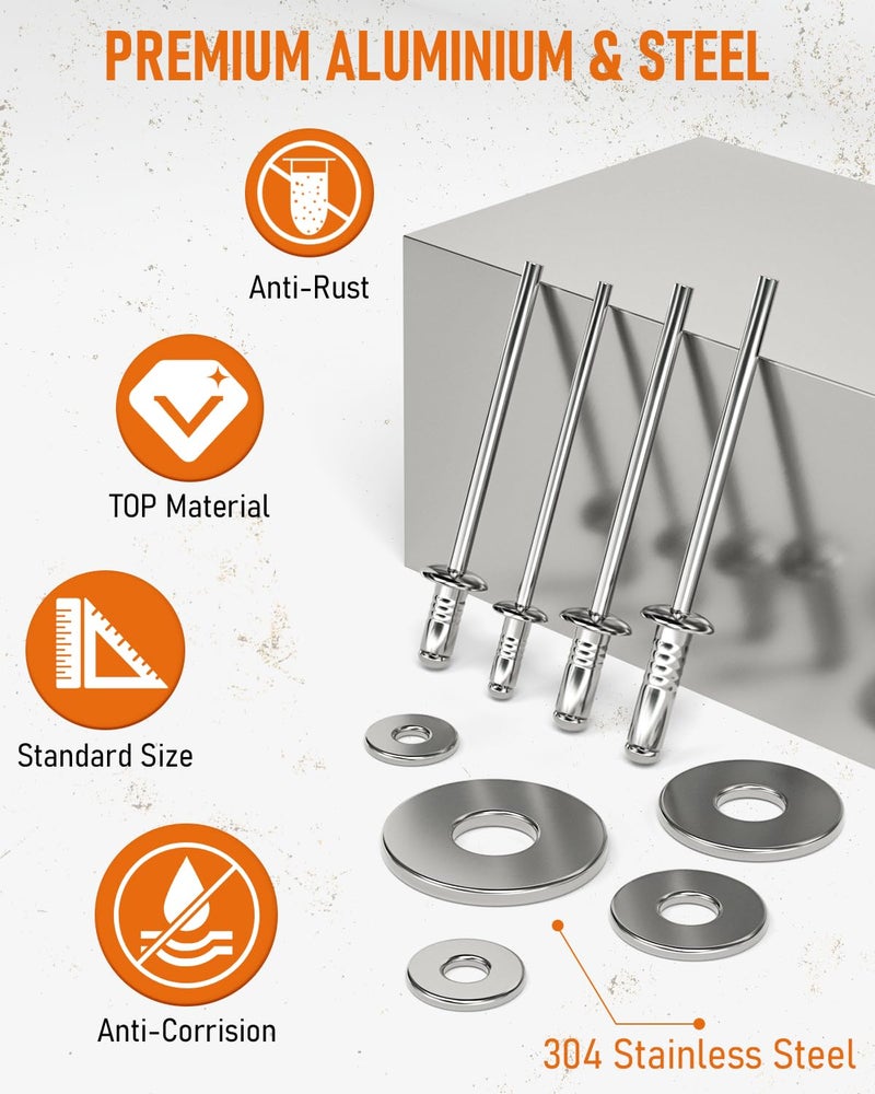 INCLY 1000PCS Aluminum Pop Rivets Assortment Kit, 14 Sizes Pop Rivets (3/32" 1/8" 5/32" 3/16" 1/4") with 5 Size 304 Stainless Steel Backup Washers, Assorted Blind Rivets for Metal with Storage Case - Image 4