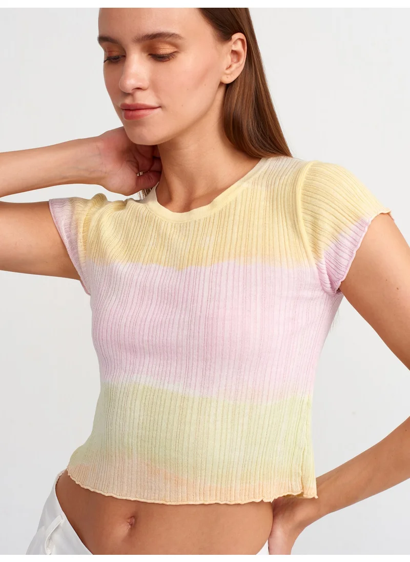 ديلفين 10568 Crew Neck Ribbed Batik Short Sleeve Knitwear Sweater-Multi