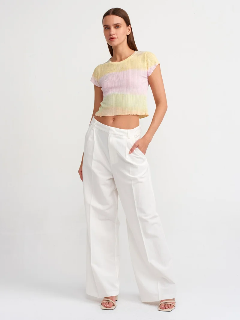 Dilvin 10568 Crew Neck Ribbed Batik Short Sleeve Knitwear Sweater-Multi