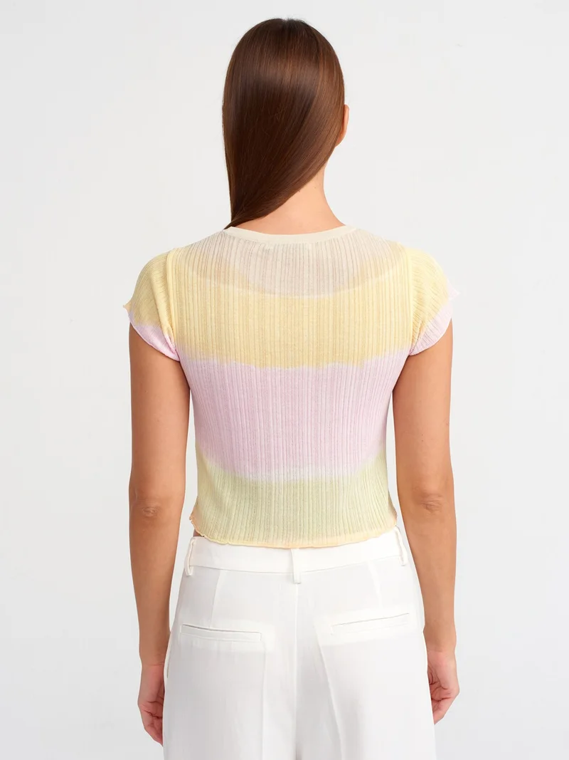 Dilvin 10568 Crew Neck Ribbed Batik Short Sleeve Knitwear Sweater-Multi