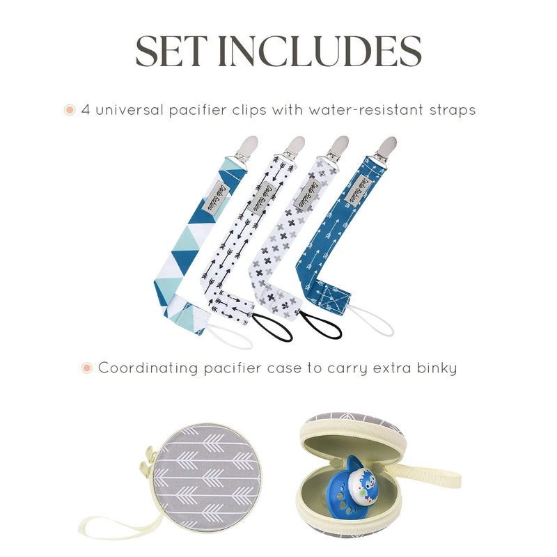 Dodo Babies Pacifier Clip Set - Universal Holder & Pacifier Holder - Detachable Binky Case & Binky Clip - Durable Polyester Straps - 5-Piece Set, Blue/White/Grey Geo Prints - Image 3