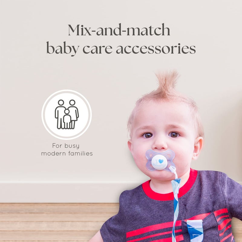 Dodo Babies Pacifier Clip Set - Universal Holder & Pacifier Holder - Detachable Binky Case & Binky Clip - Durable Polyester Straps - 5-Piece Set, Blue/White/Grey Geo Prints - Image 2