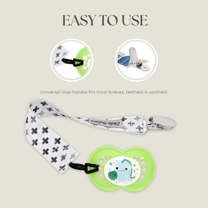 Dodo Babies Pacifier Clip Set - Universal Holder & Pacifier Holder - Detachable Binky Case & Binky Clip - Durable Polyester Straps - 5-Piece Set, Blue/White/Grey Geo Prints - Image 4