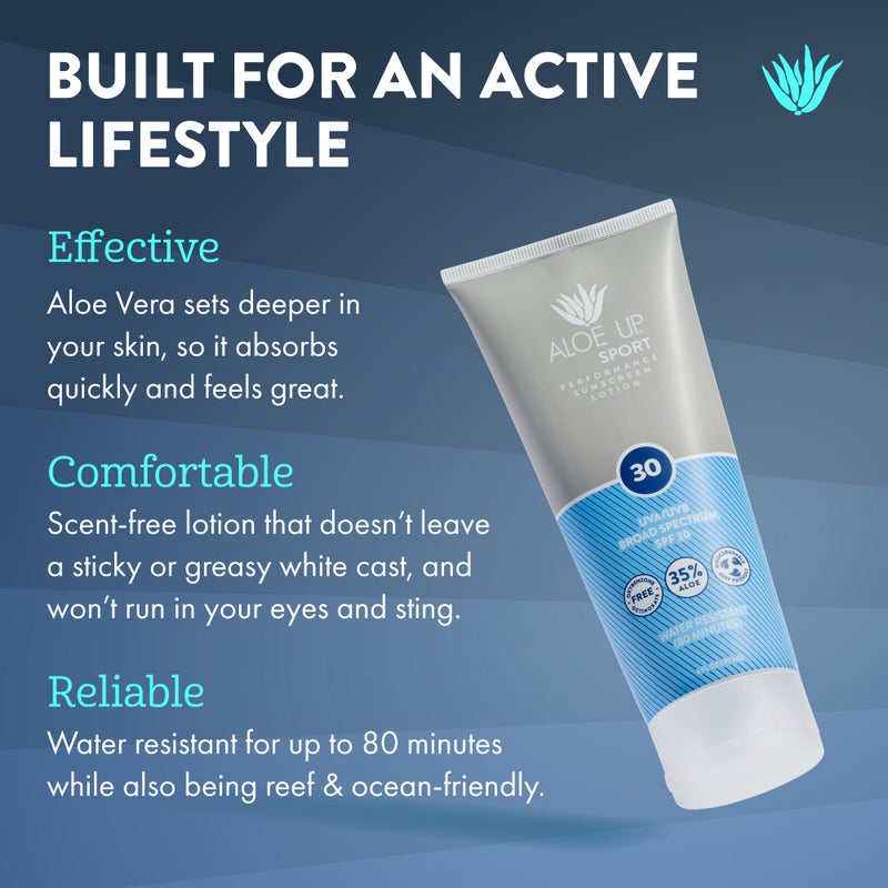 Aloe Up Sport Sunscreen Lotion SPF 30 - Broad Spectrum UVA/UVB Sunscreen Protector for Face and Body - With Hydrating Aloe Vera Gel - Non-Greasy No White Cast Reef Safe Fragrance-Free - 6 Oz. - Image 2