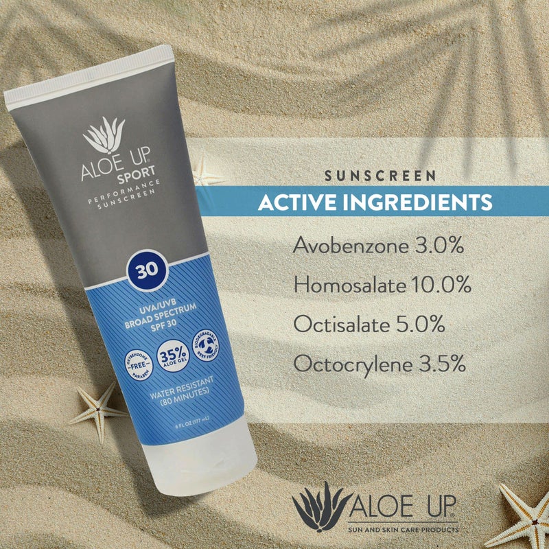 Aloe Up Sport Sunscreen Lotion SPF 30 - Broad Spectrum UVA/UVB Sunscreen Protector for Face and Body - With Hydrating Aloe Vera Gel - Non-Greasy No White Cast Reef Safe Fragrance-Free - 6 Oz. - Image 5