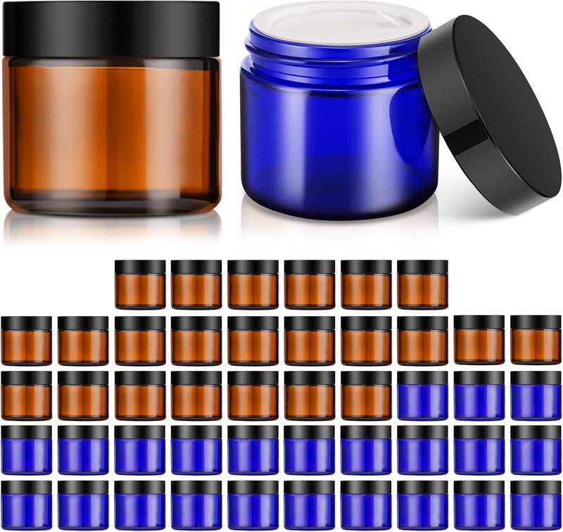 Bumobum 2 oz Glass Jars with Lids, 48 pack Round Small Containers with Black Lids, Blank Labels & Inner Liners, Empty Cosmetic Containers for Sample, Powder, Cream, Lotion Amber and Blue - Image 1