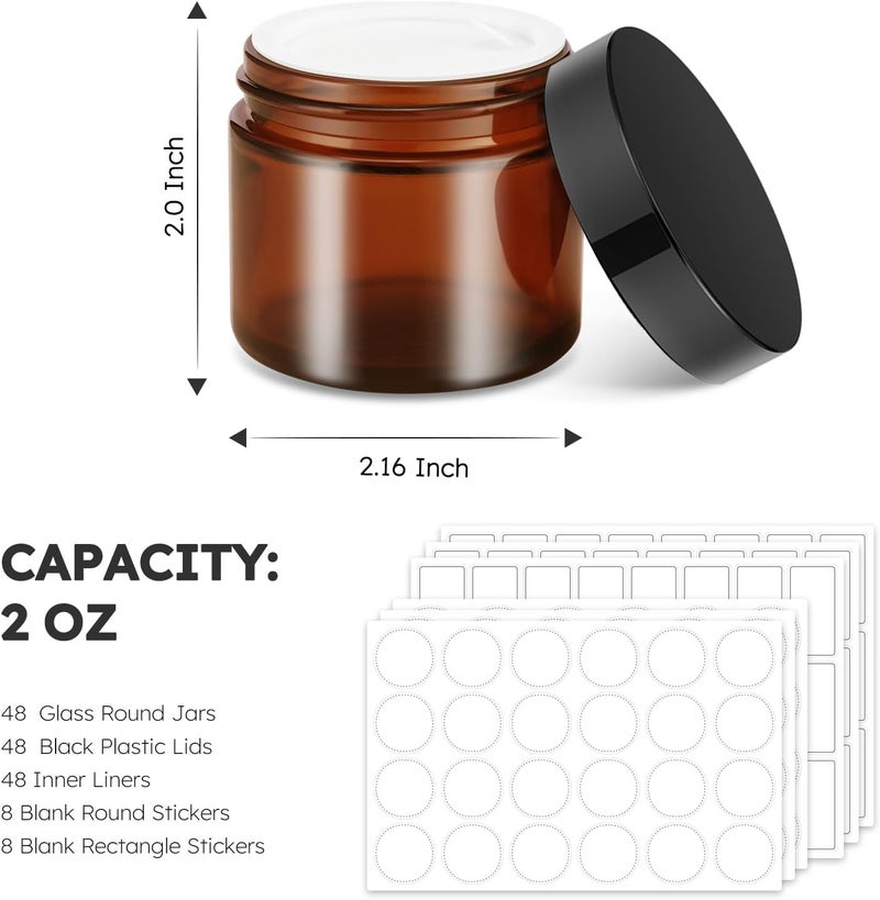 Bumobum 2 oz Glass Jars with Lids, 48 pack Round Small Containers with Black Lids, Blank Labels & Inner Liners, Empty Cosmetic Containers for Sample, Powder, Cream, Lotion Amber and Blue - Image 3