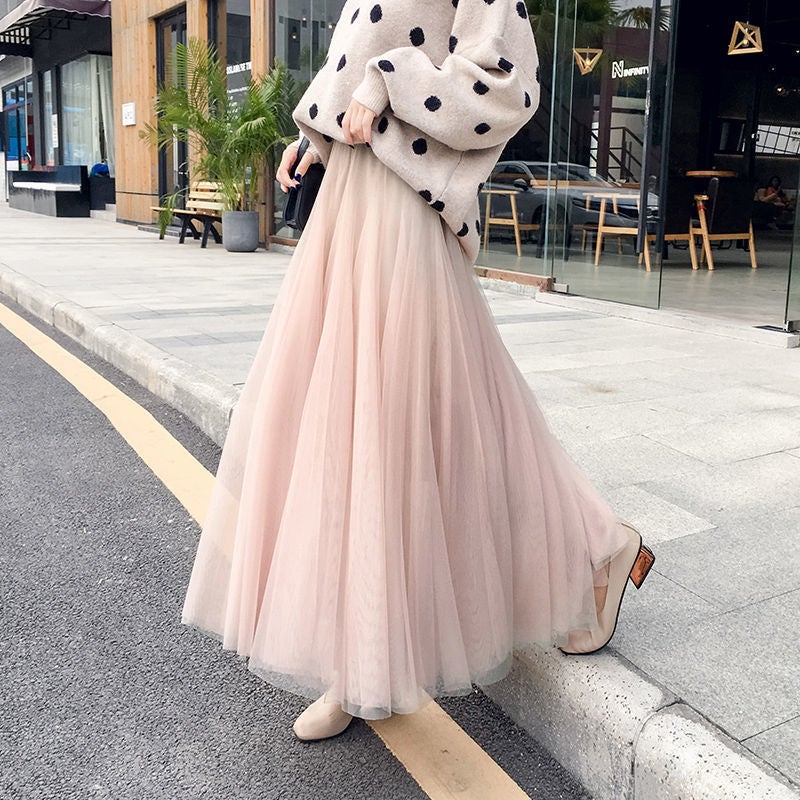 Explosive 2025 Spring and Summer High Waist Slimming New Arrival Mesh Skirt A- Line Skirt Slim-Fit All-Match High Waist Large Swing Skirt Nude color - Image 2