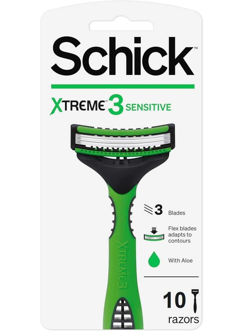 شيك ماكينة حلاقة  إكستريم 3 شفرات ثلاثية حساسة للرجال للاستخدام مرة واحدة، غنية بالصبار، حلاقة دقيقة ومريحة بدون تهيج، رأس مرن، مقبض مانع للانزلاق، شطف سهل، 10 شفرات حلاقة - Image 1