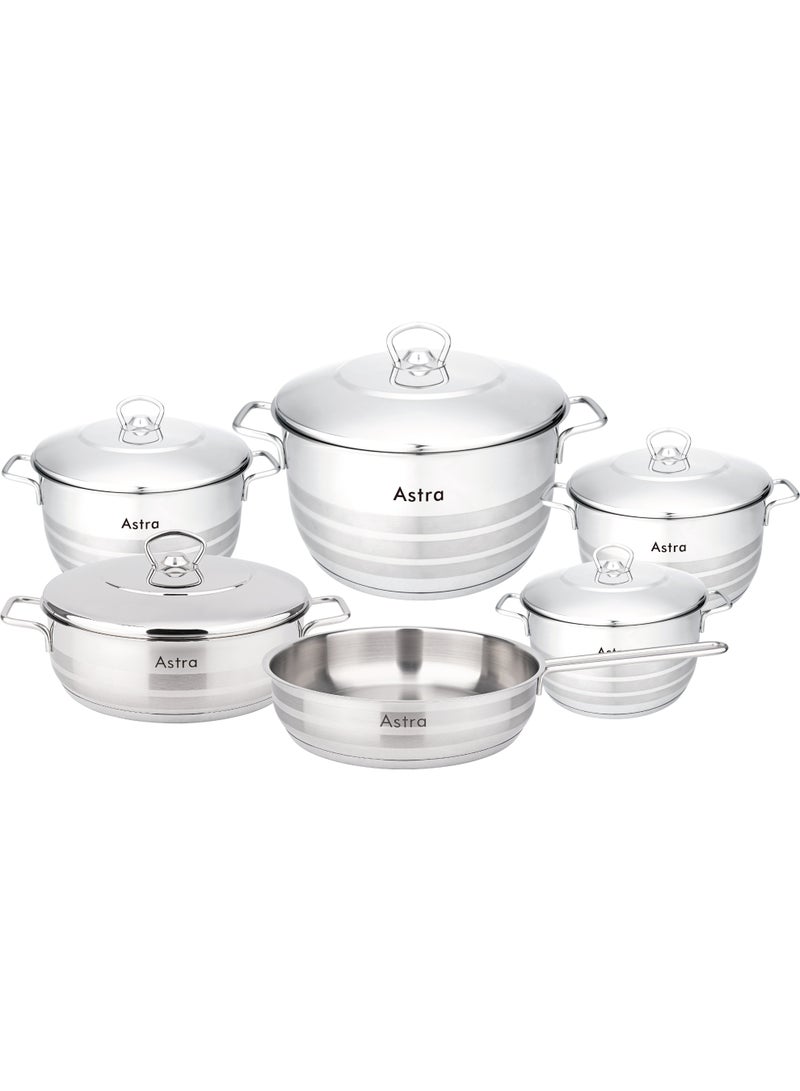 Astra طقم أواني الطهي من أسترا 11 قطعة من الفولاذ المقاوم للصدأ – مجموعة من القدور والمقالي ذات اللمسة المرآة الفاخرة مع الأغطية | تصميم أنيق، متوافق مع الحث، متين