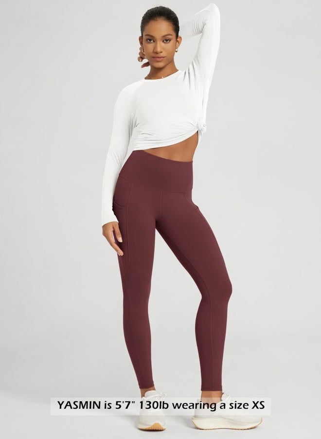 ODODOS Women's High Waisted Full Length Yoga Leggings with Pockets, 28" Inseam Tummy Control Non See Through Workout Athletic Running Yoga Pants, Burgundy, Large, Burgundy, L - Image 3