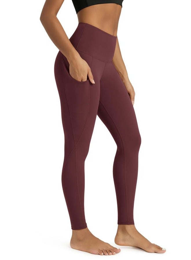 ODODOS Women's High Waisted Full Length Yoga Leggings with Pockets, 28" Inseam Tummy Control Non See Through Workout Athletic Running Yoga Pants, Burgundy, Large, Burgundy, L - Image 1