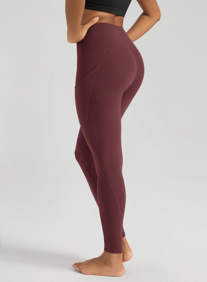 ODODOS Women's High Waisted Full Length Yoga Leggings with Pockets, 28" Inseam Tummy Control Non See Through Workout Athletic Running Yoga Pants, Burgundy, Large, Burgundy, L - Image 2