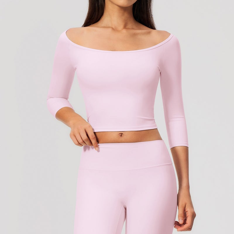 Cross-Border Quick-Dry Five-Quarter Sleeve T-Shirt, Tight-Fit, Waist-Slimming Pilates Workout Top