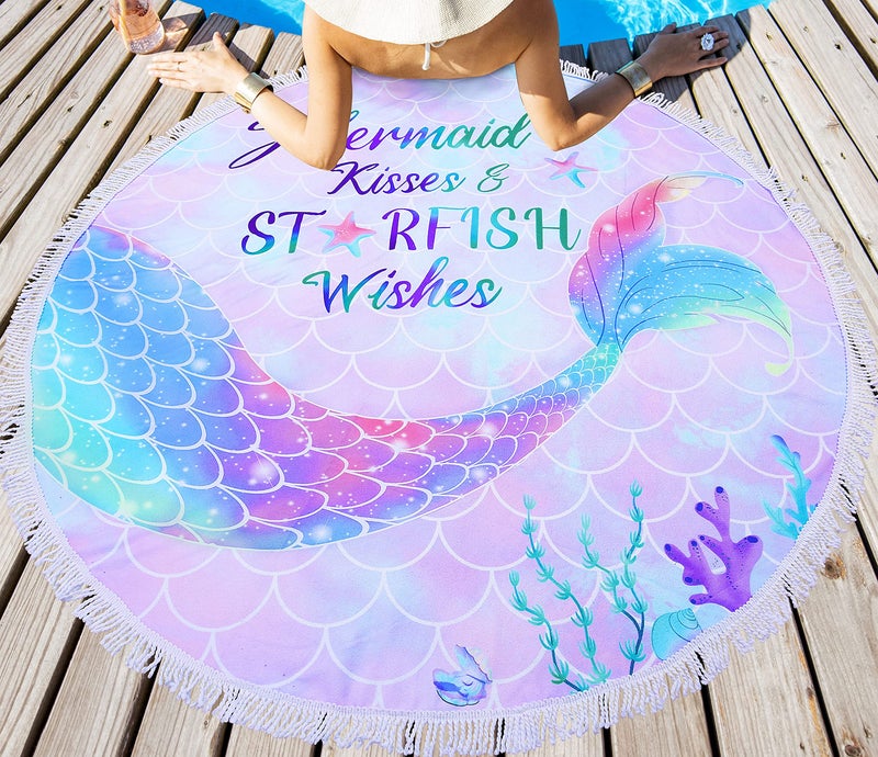LIVILAN Oversized Round Mermaid Beach Towel, Lightweight Microfiber Super Absorbent and Sand Proof Beach Towel, 59â€Soft Thin Meditation Mat Tapestry with Tassels for Women Girls - Image 2